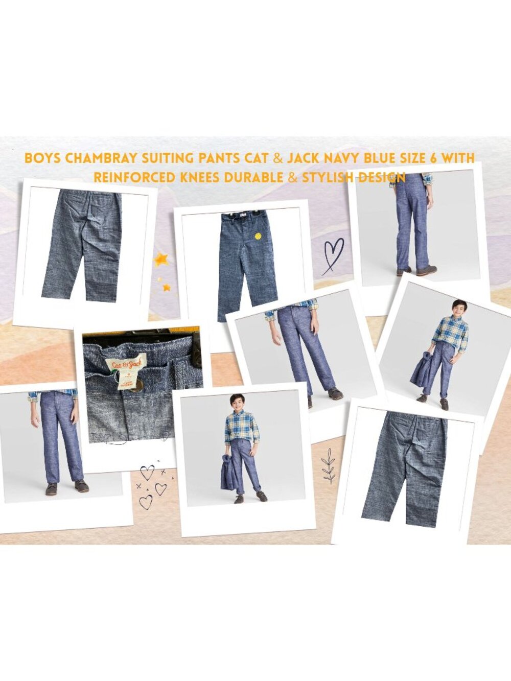 Boys Chambray Suiting Pants Cat & Jack Navy Blue Size 6 With Reinforced Knees Du
